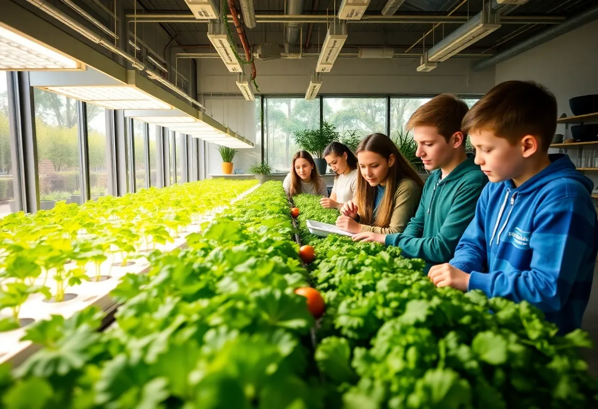 Students in a hydroponic classroom learning about plant growth