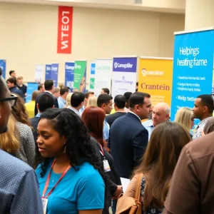 A job fair event in Birmingham with people discussing job opportunities