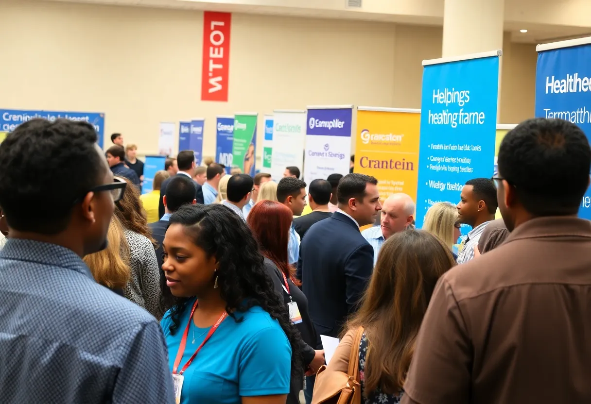 A job fair event in Birmingham with people discussing job opportunities