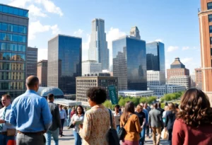 A cityscape view of Birmingham AL showcasing job seekers in various sectors