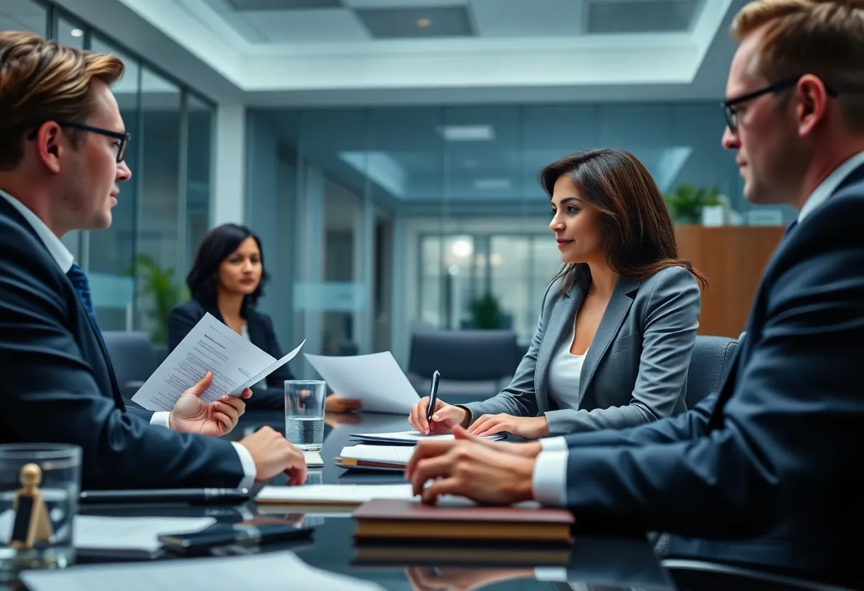 A professional law office environment with attorneys engaging in discussions