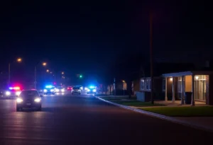 Police lights at night after a shooting incident in Birmingham, Alabama.