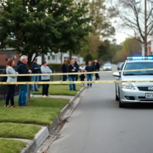 Crime scene in Birmingham with police tape and onlookers