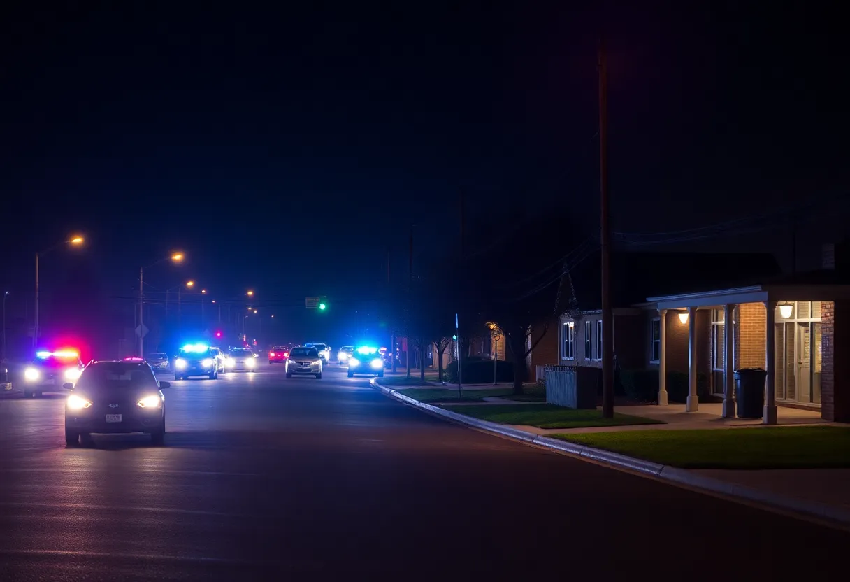 Police lights at night after a shooting incident in Birmingham, Alabama.