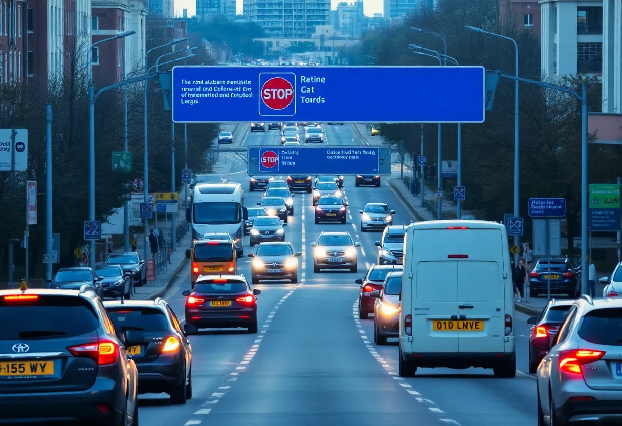 A busy urban road in Birmingham filled with vehicles.