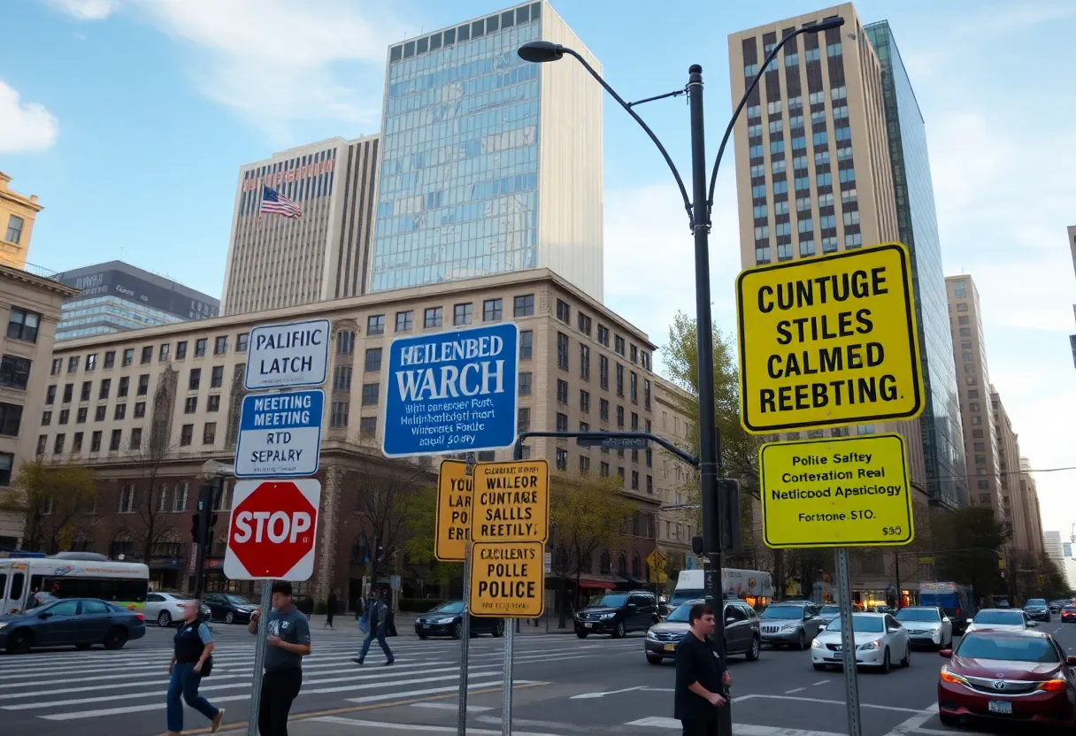 Birmingham urban landscape with police presence and community discussions.