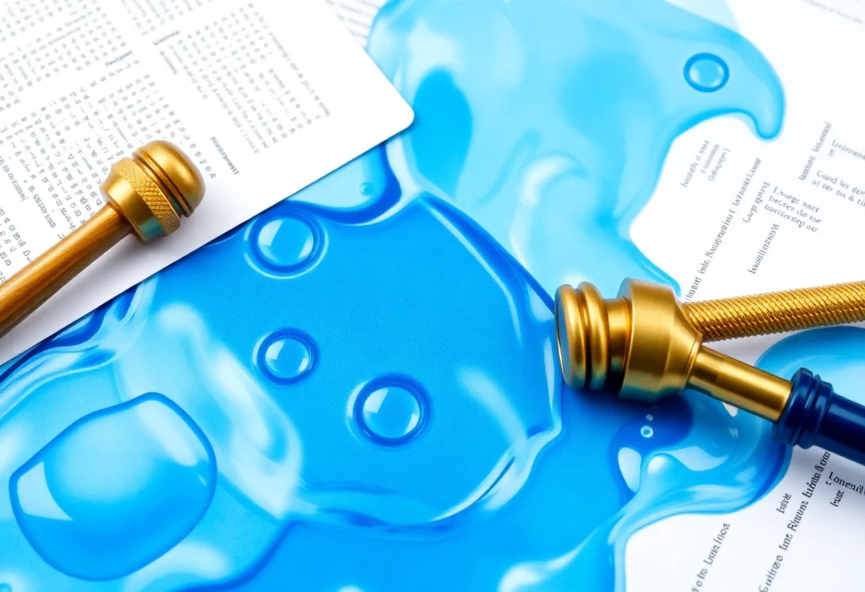 Artistic representation of water utilities and legal documents related to Birmingham Water Works lawsuit.