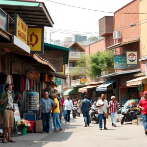 A lively Black business district filled with diverse shops and community members.