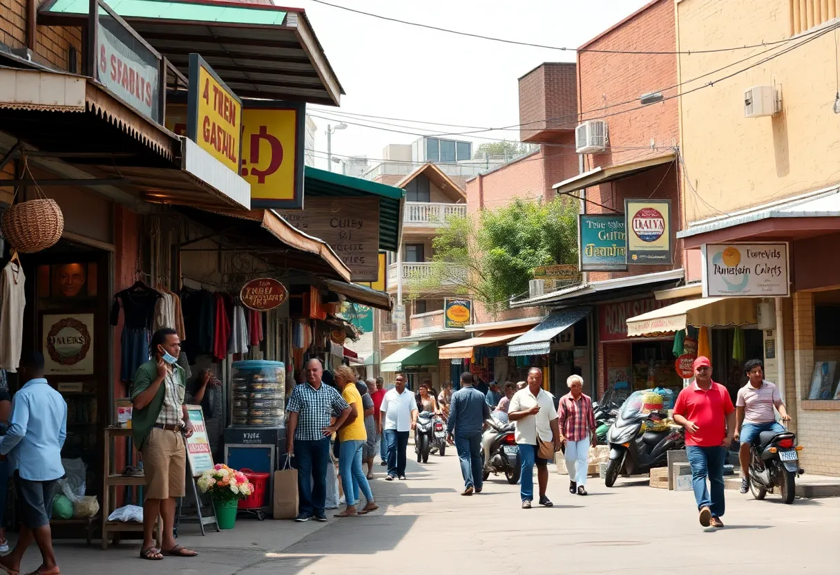 A lively Black business district filled with diverse shops and community members.