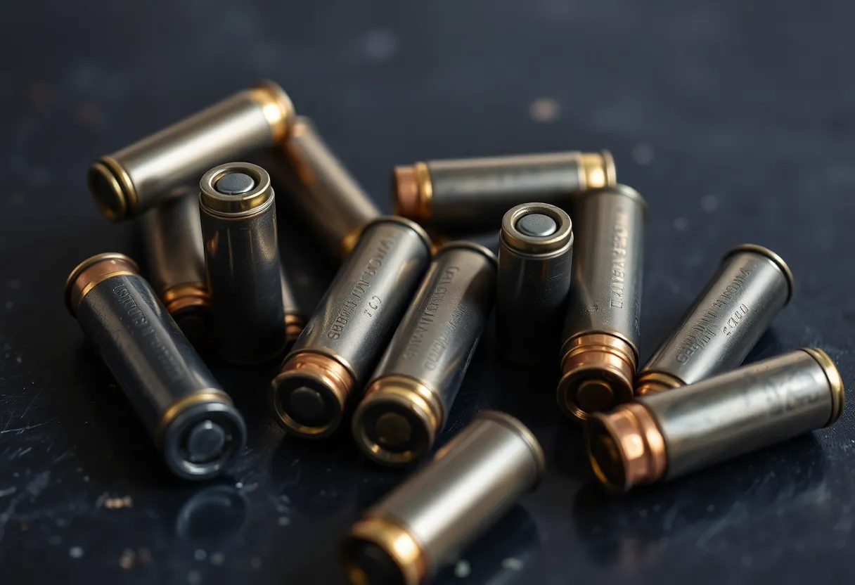 Bullet casings with political engravings on dark surface