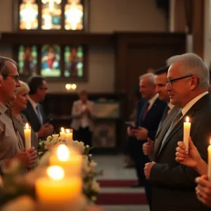 Attendees gather for a celebration of life event for Hudson Joseph Meek at a church