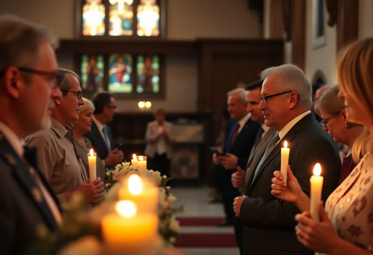Attendees gather for a celebration of life event for Hudson Joseph Meek at a church