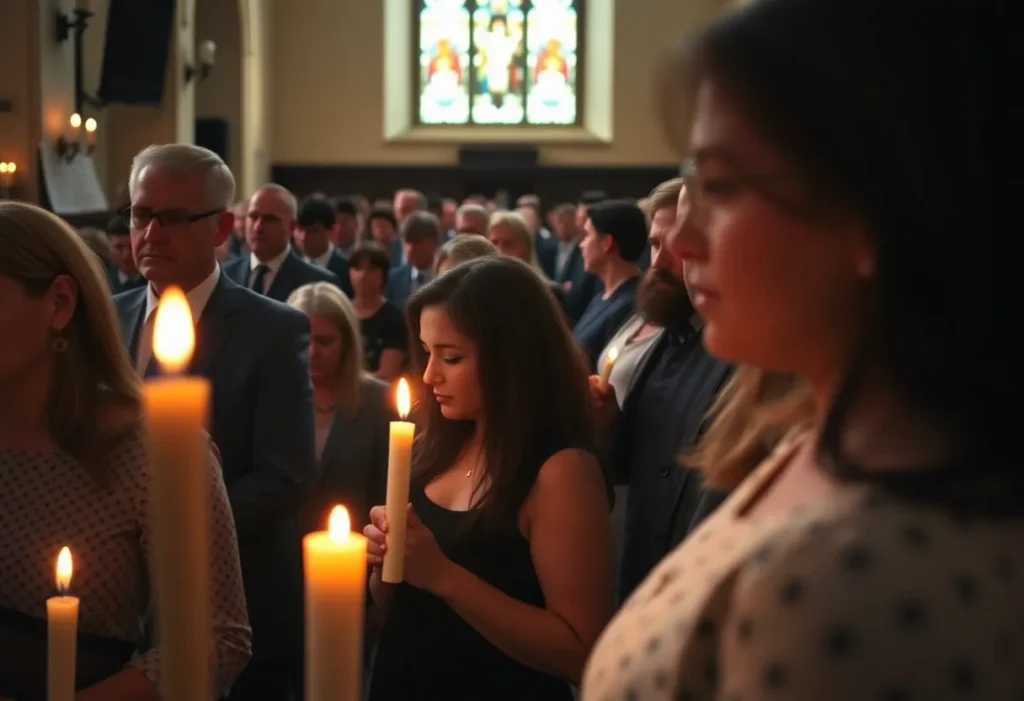 Church congregation mourning during a service for Charlie Kirk