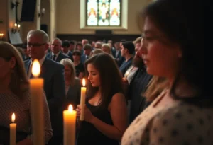 Church congregation mourning during a service for Charlie Kirk