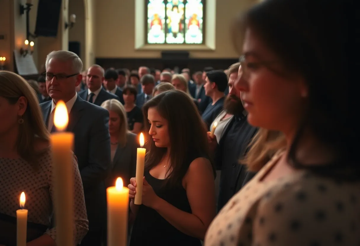 Church congregation mourning during a service for Charlie Kirk