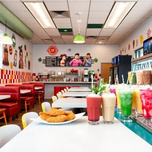 Vibrant dining area of Chicken Guy! restaurant with delicious food options