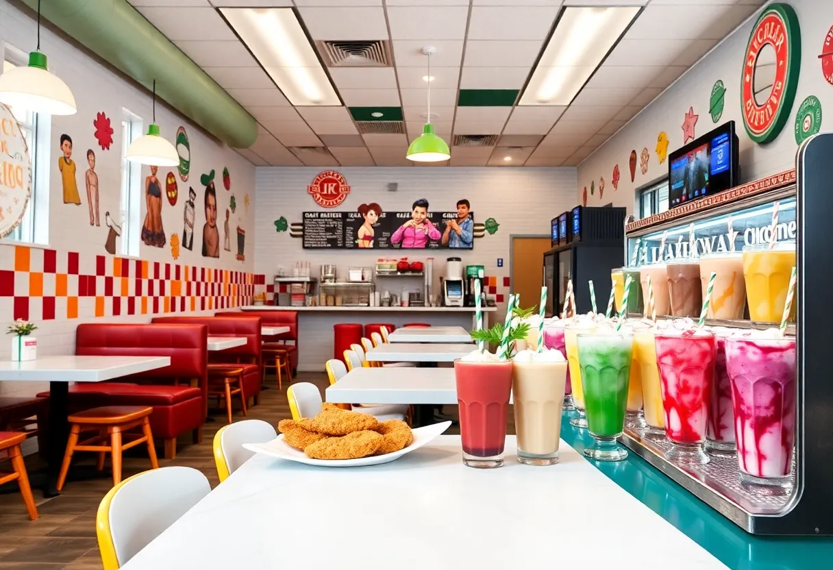 Vibrant dining area of Chicken Guy! restaurant with delicious food options