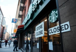 A closed Starbucks coffee shop with signage indicating its closure.