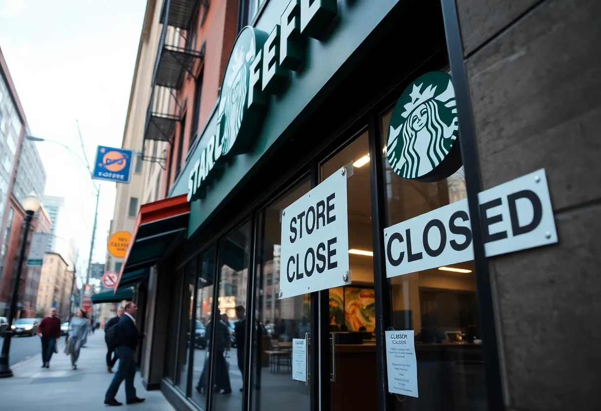 A closed Starbucks coffee shop with signage indicating its closure.