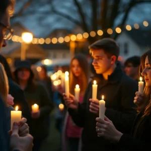 Community members holding candles at a vigil