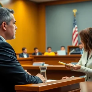 Courtroom scene illustrating a legal case involving a utility board and a former employee.