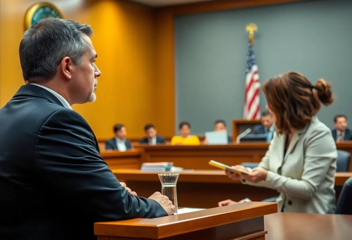 Courtroom scene illustrating a legal case involving a utility board and a former employee.