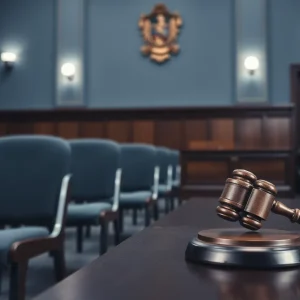 Symbolic courtroom setting reflecting justice and consequences