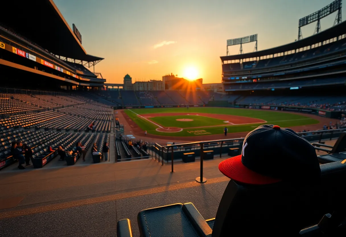 Tribute at a Cubs game with empty seats and a baseball cap.