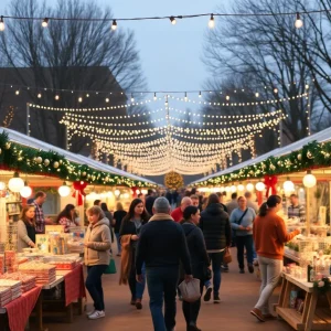 Festive holiday market in Cullman Alabama with diverse attendees
