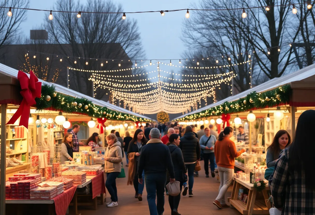 Festive holiday market in Cullman Alabama with diverse attendees