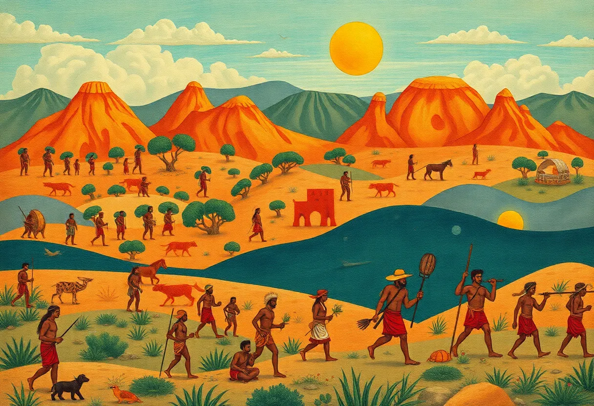 Artistic representation of early human migrations and tribal cultures.