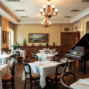 An elegant restaurant setting highlighting Southern cuisine with art and decor.