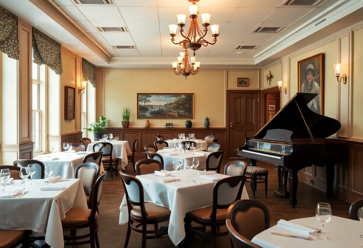 An elegant restaurant setting highlighting Southern cuisine with art and decor.