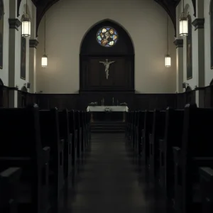 Interior view of an empty church with dim lighting.
