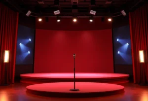 An empty stage of a late-night talk show with a microphone, symbolizing the debate on free speech.
