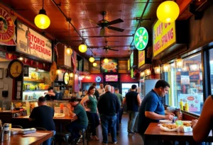 Interior of Encore Rouge restaurant with guests dining