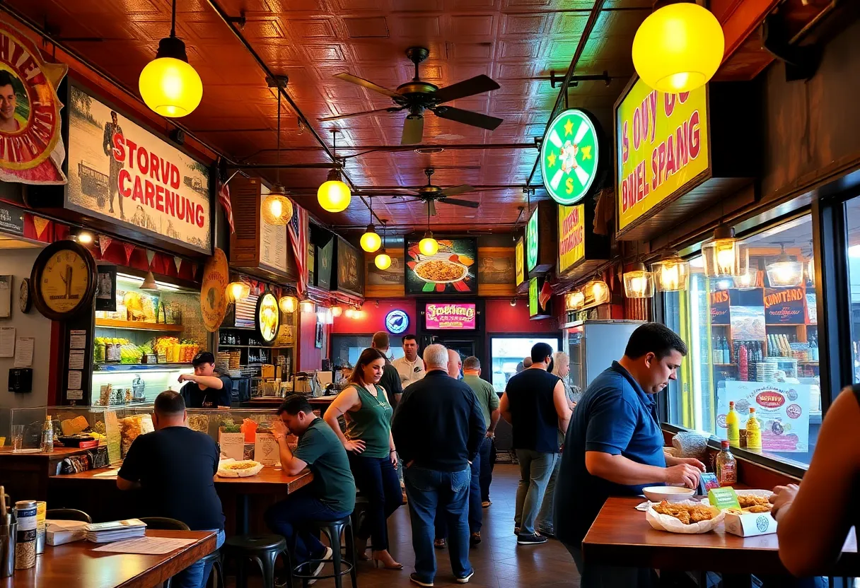 Interior of Encore Rouge restaurant with guests dining