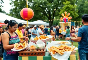 A lively scene from Fiesta BHAM featuring traditional Hispanic foods and cultural performances.