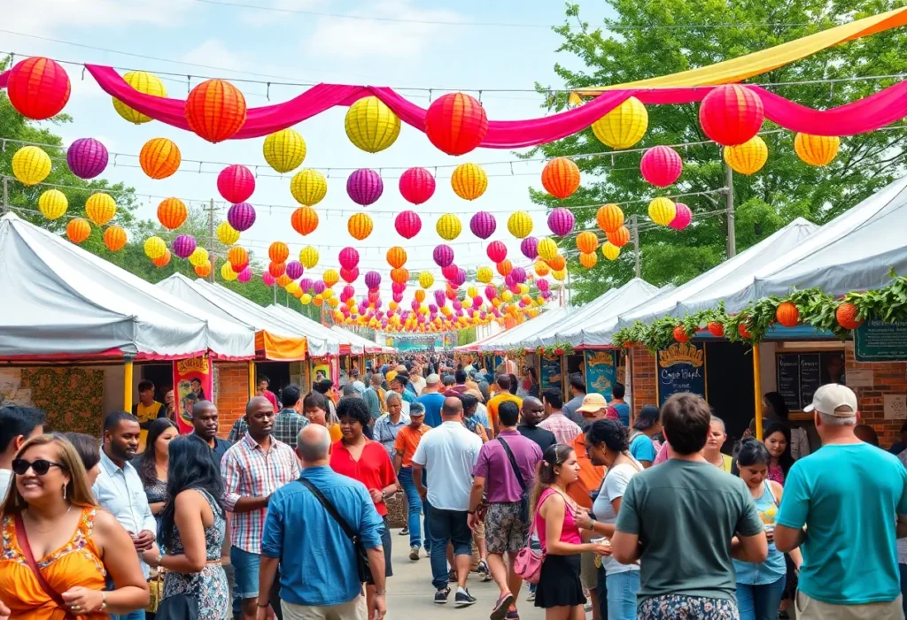 Fiesta festival in Birmingham with diverse attendees enjoying cultural activities.