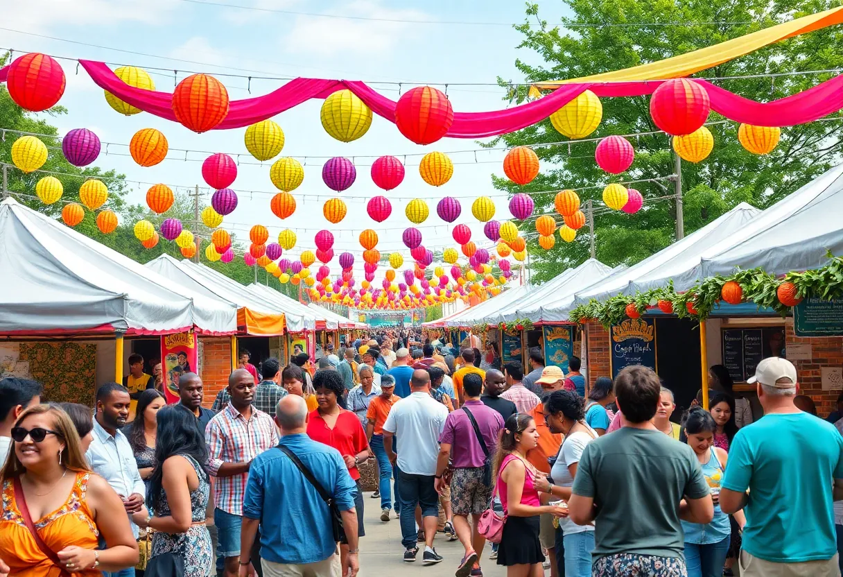 Fiesta festival in Birmingham with diverse attendees enjoying cultural activities.