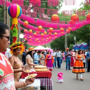 Crowd enjoying Fiesta Birmingham festival with traditional Hispanic foods and performances