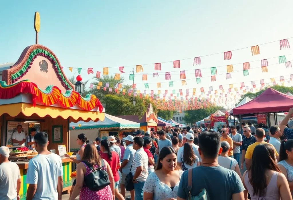 A lively scene from the Fiesta festival celebrating Hispanic culture, featuring food and music.
