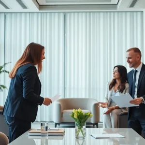 Financial advisors discussing strategies with clients in a modern office