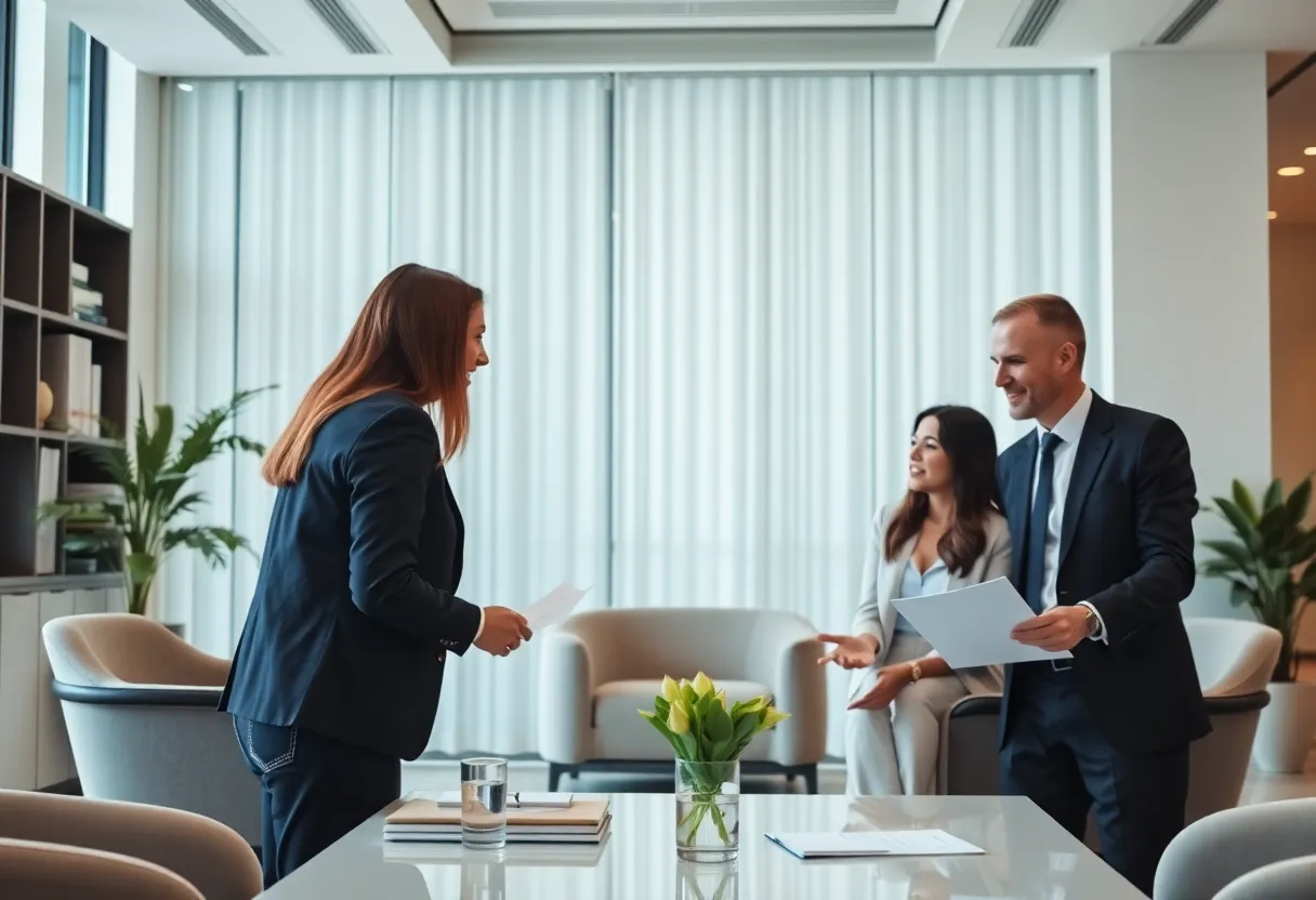 Financial advisors discussing strategies with clients in a modern office