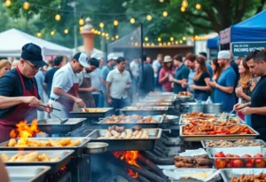 Crowd enjoying food and music at the Food & Fire event.