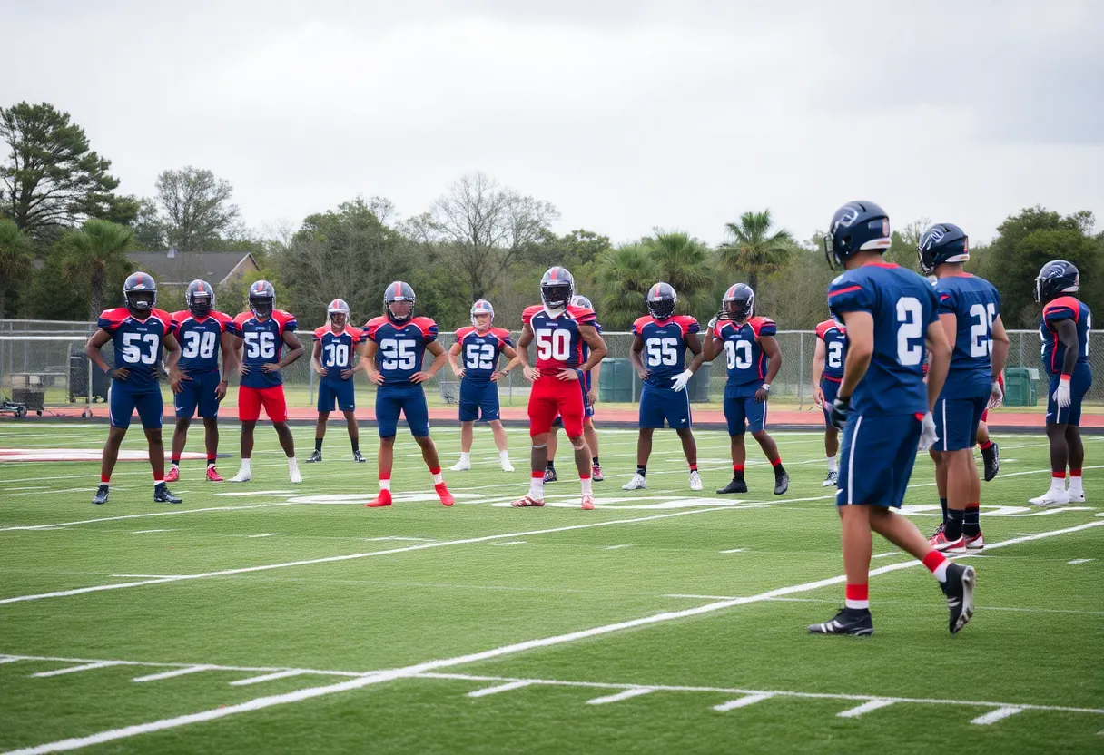 A football team practicing strategies on the field.
