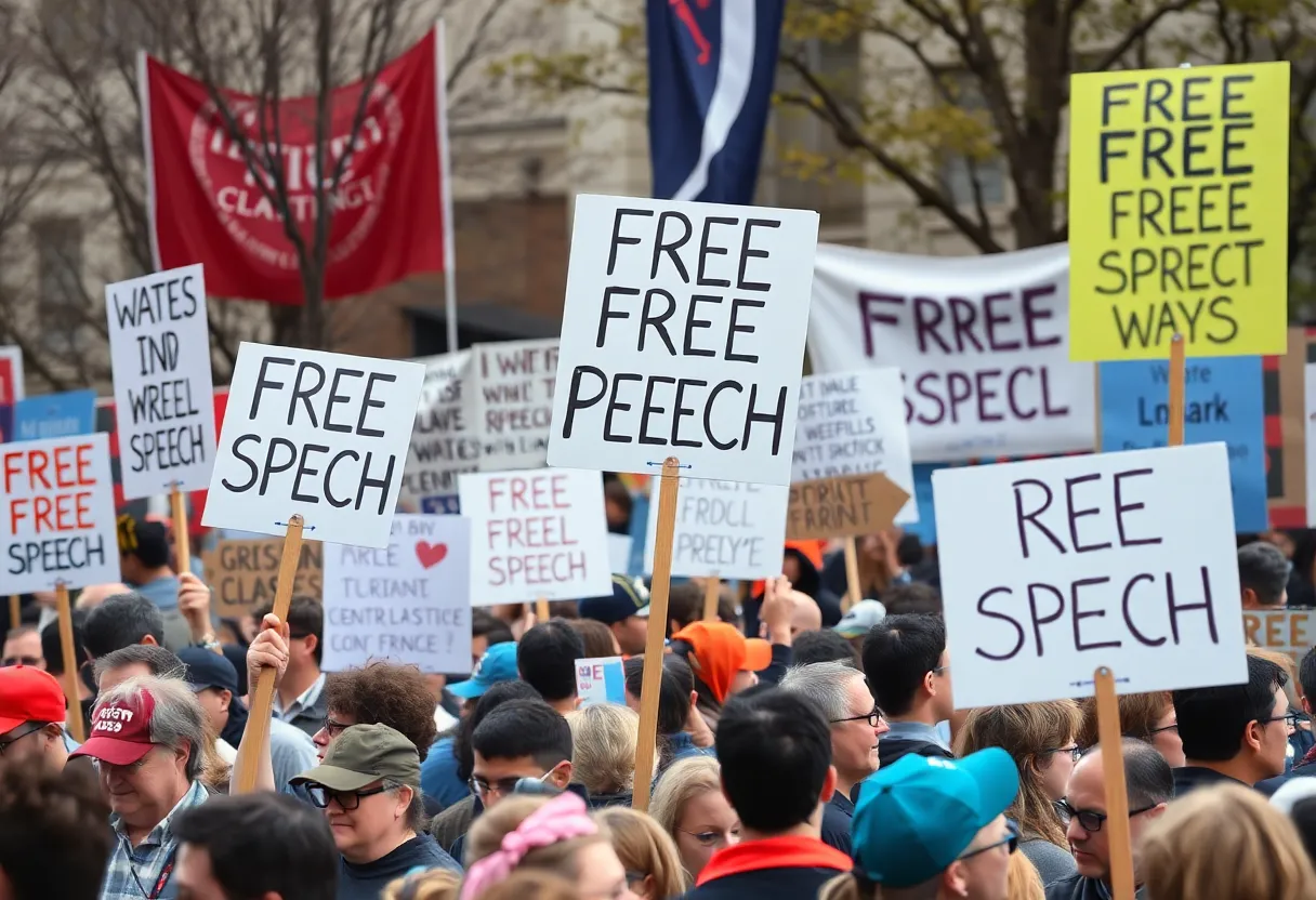 Crowd at a rally advocating for free speech
