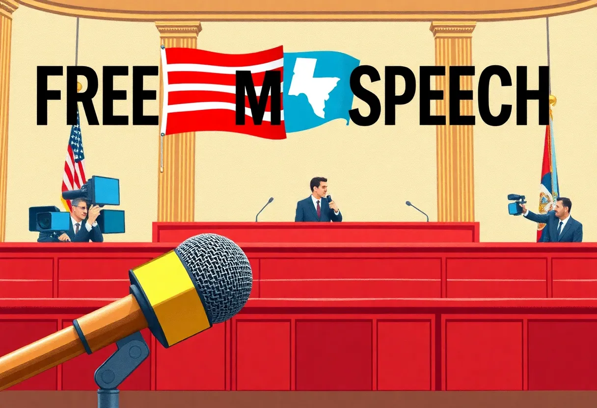 Illustration of freedom of speech with media elements and a gavel