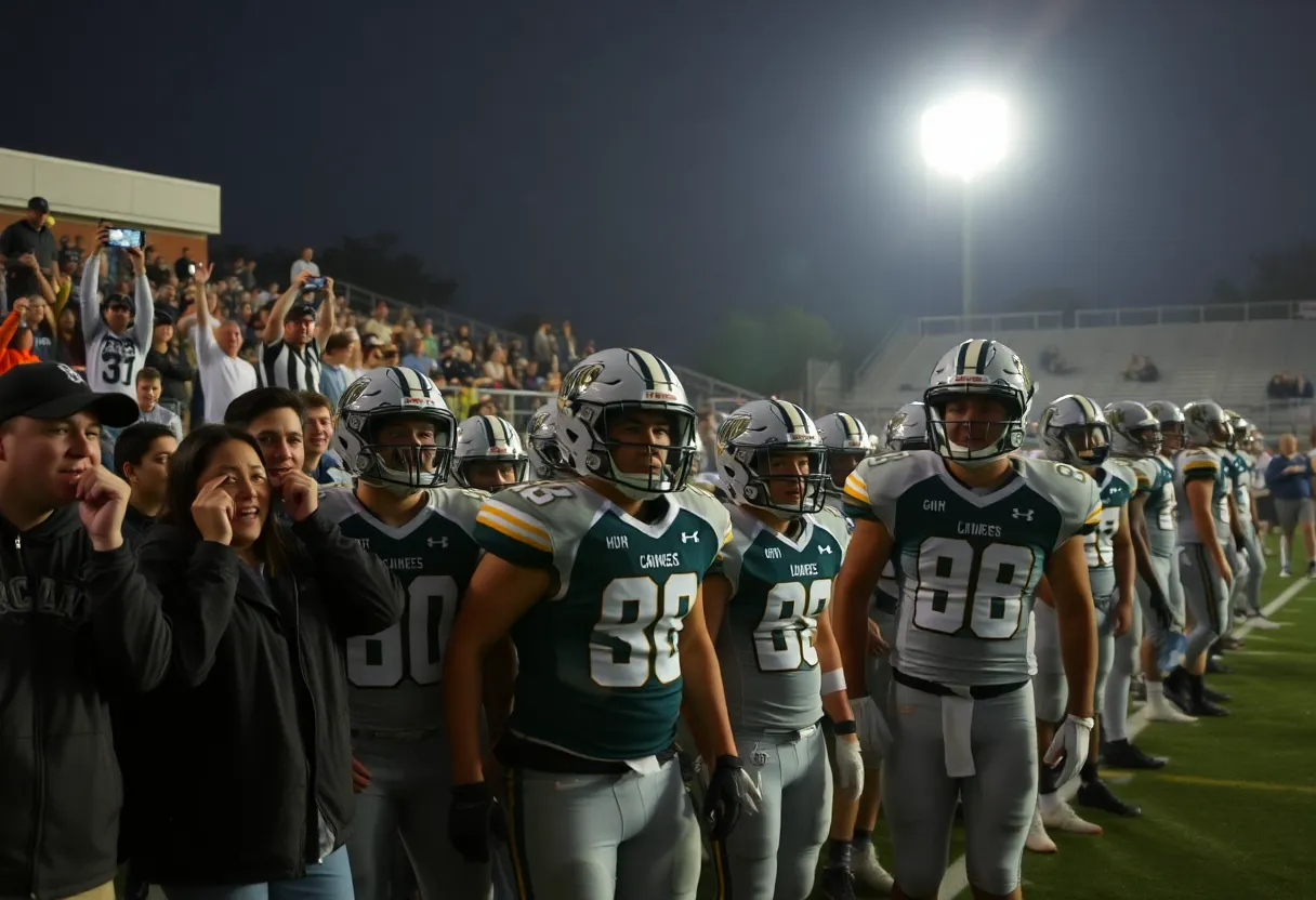 Exciting high school football action in Birmingham with players and cheering fans.