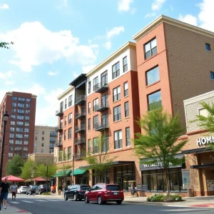 Community scene in Homewood, Alabama with new buildings and local celebrations